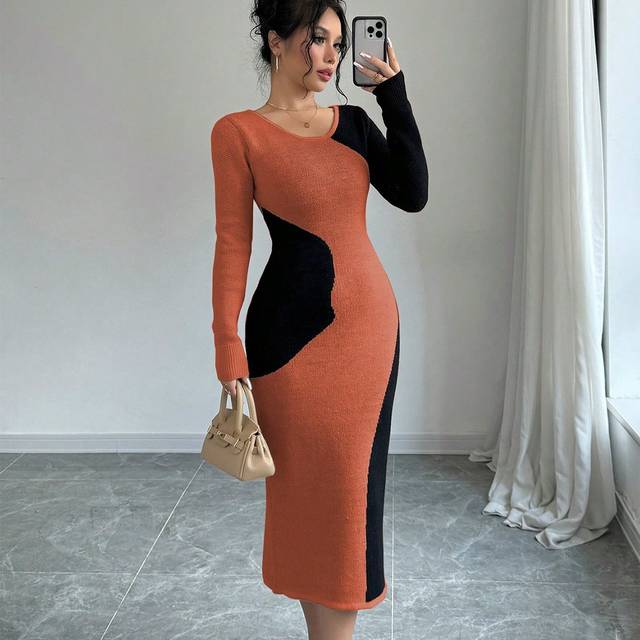Elenzga Women&#39;s Color Block Patchwork Round Neck Long Sleeve Casual Knit Sweater Dress