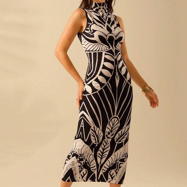 CAJUNI Women&#39;s Boho Black And Beige Printed Casual Tropical Bodycon Long Dress