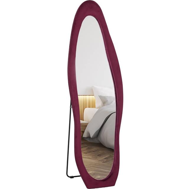 HOMCOM Irregular Full Length Mirror with Velvet Frame 160 x 50cm Wine Red