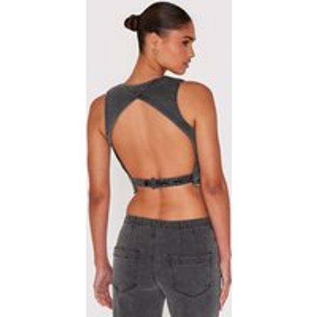 Washed Black Raw Hem Cut Out Back Denim Waistcoat, Washed Black - 12