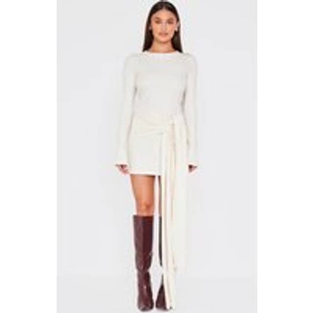 Cream Heavy Brushed Rib Boat Neck Wrap Tie Bodycon Dress, White - 12