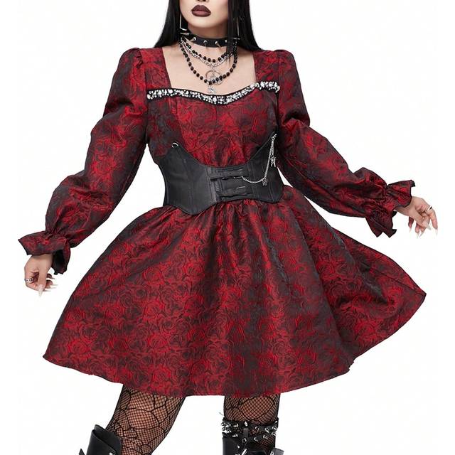 Whyspr Goth Punk Plus Size Women Gothic Punk Style Sweet Heart Neckline Vintage Jacquard Flare Sleeve A-Line Dress