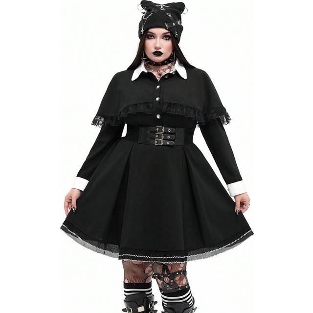Whyspr Plus Size Goth Punk Style Contrast Color Long Sleeve Shirt Dress For Women