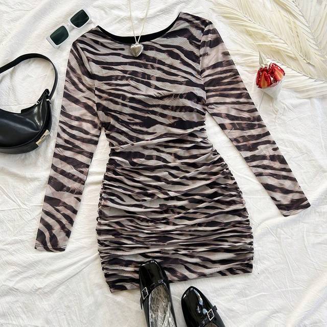 Soleia Autumn/Winter Casual Abstract Zebra Print Long Sleeve Ruched Bodycon Dress For Women