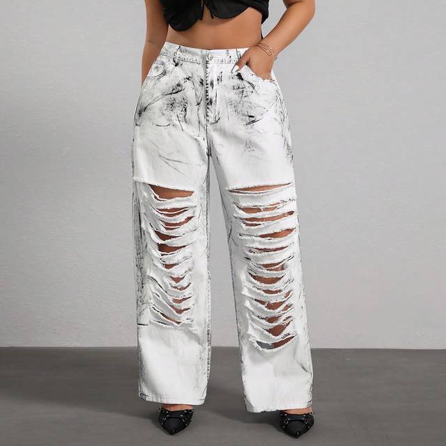 Jeanoix Plus Size Women&#39;s Casual Distressed Washed Straight Leg Jeans