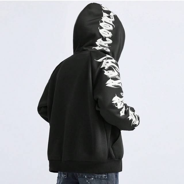 SHEIN Tween Girls Fall/Winter Zip Up Hoodie Y2K Halloween Letter Print Black Oversize Hoodie
