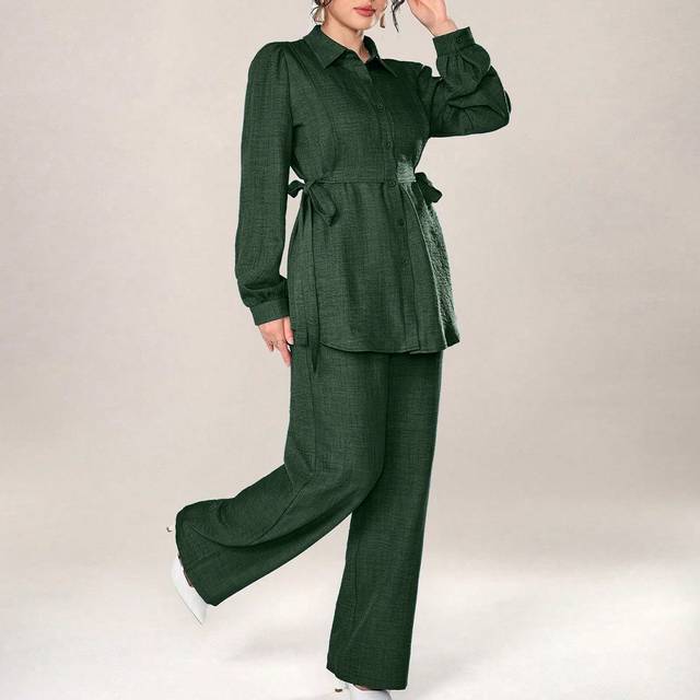 Graceveil 2pcs Women Casual Solid Color Long Sleeve Tie Side Shirt And Pants Set, Autumn 2 Pieces Set Modest