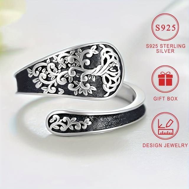 TEMU S925 Sterling Silver Spoon Ring, Hypoallergenic Vintage Bohemian Style 3d Texture Tree Of Jewelry Ideal Gifts For Women With Gift Box