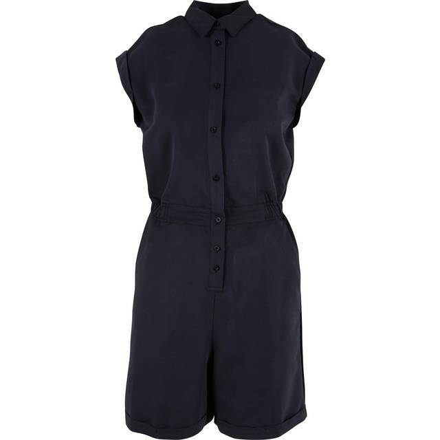 Viscose Twill Short Sleeve Button Up Collar Playsuit - Black - M