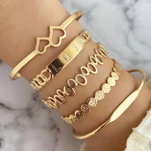 TEMU 5-piece Golden-tone Cuff Bracelets, Hollow-out Bangle, Elegant Wrist Accessories For Women, Party Decor