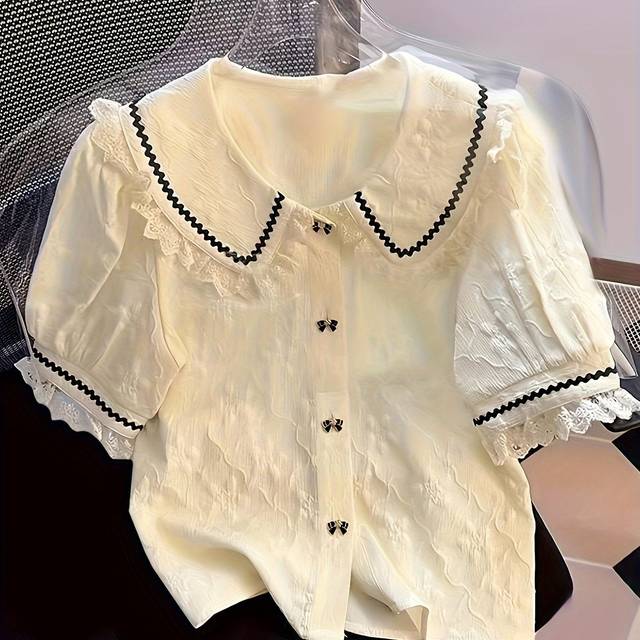 TEMU Women's Elegant Lace-trimmed Short Blouse With Floral Pattern - Chic Short Length Shirt For Spring/summer, Polyester Fabric, Casual Attire, Casual Attire|floral Print Top|polyester