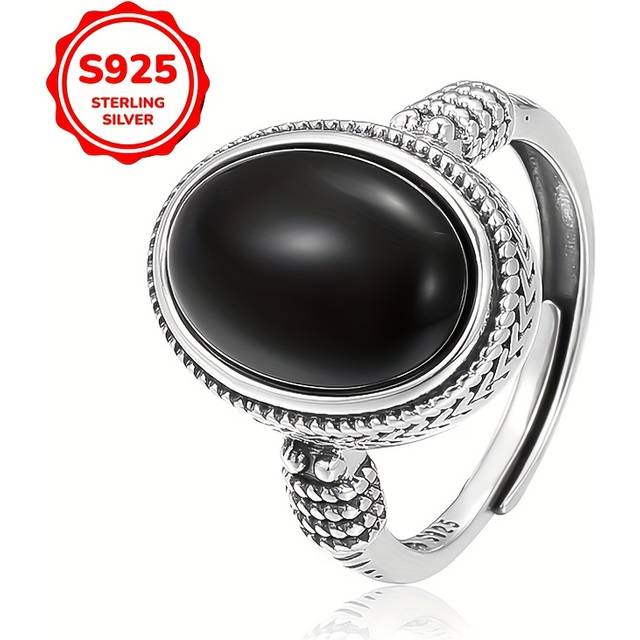 TEMU 1pc Vintage Style Women's Ring, S925 Sterling Silver, Oval Black Agate, Birthstone, Daily & Vacation Wear, All Compatible, 3g Weight