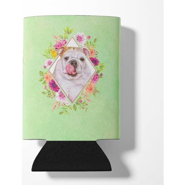 Carolines Treasures CK4300CC English Bulldog Green Flowers Can or Bottle Hugger Cooler Washable Drink Sleeve Collapsible Bevera
