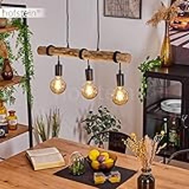 Toledo Pendel i Modern Skandinavisk Design - Metall/Trä i Svart/Natur, Justerbar Höjd Max 125 cm, 3 Flammor, E27, Utan Glödlampa