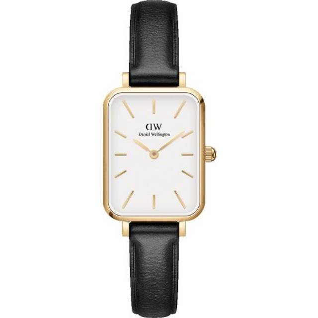 Daniel Wellington Quadro Sheffield i guldfarvet med hvid skive og sort læderrem