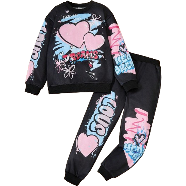 SHEIN 2pcs Tween Girl Heart Graffiti Crew Neck Sweatshirt And Black Long Sweatpants Cute Set