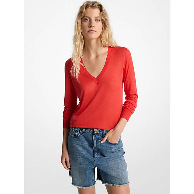 MK Silk Blend V-Neck Jumper - Red - Michael Kors - XXS