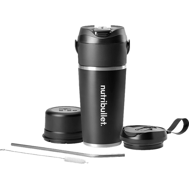 nutribullet Flip NBP016B, Bärbar Mixer Med Isolerande Kopp På 590ml, Håller Kallt I 24h, Mixar Is, Inkluderar Lock Och Sugrör, USB-C Laddning, Rostfritt Stål, Svart
