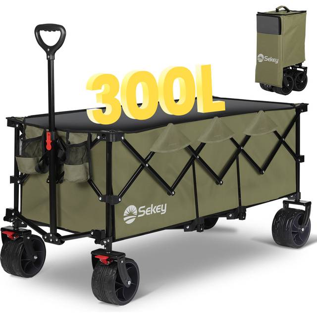 Sekey XXXL rullvagn vikbar 300 l 200 kg lastbar, vikbar rullvagn 17 x 10 cm extra breda däck alla terränger, patenterad hopfällbar från fyra riktningar, XXXL-super 4013, olivgrön