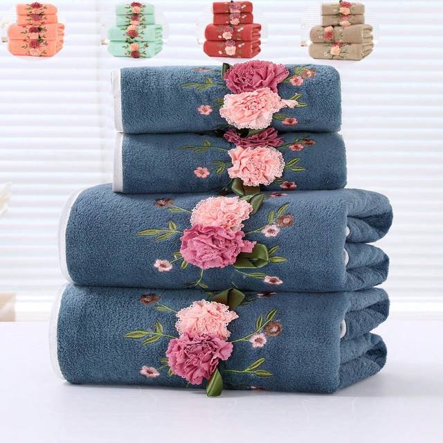 SHEIN Bathroom, 1 Towel + 1 Bath Towel Coral Fleece Embroidered Set, Romantic And Fashionable, Couples Style, Suitable For Household Use, Different Sizes So