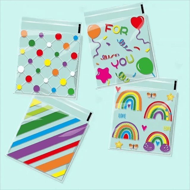 SHEIN 100/200/300pcs Rainbow Gradient Self-Sealing Gift Bags, Suitable For Valentine&#39;s Day And Birthday Party Gifts, Striped Plastic Gift Bags Without Acces