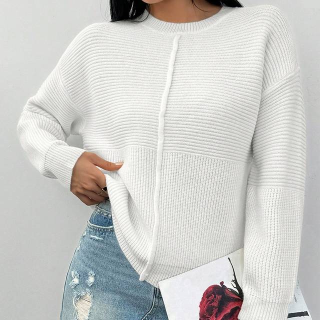 Chiquease Women&#39;s Texture Splice Asymmetrical Pattern Long Sleeve Crew Neck Casual Elegant Sweater, White