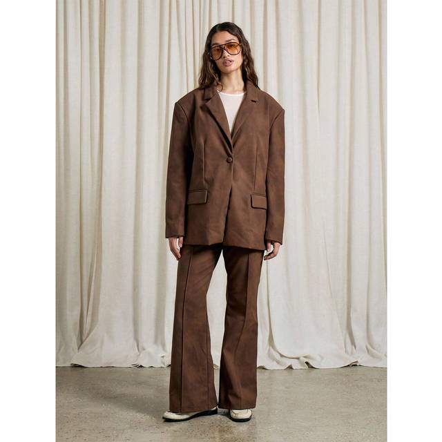 AiiRZ Western Faux Suede Notched Collar Long Sleeve Single Button Jacket And Pant Suit Two-Piece Co-Ord Set