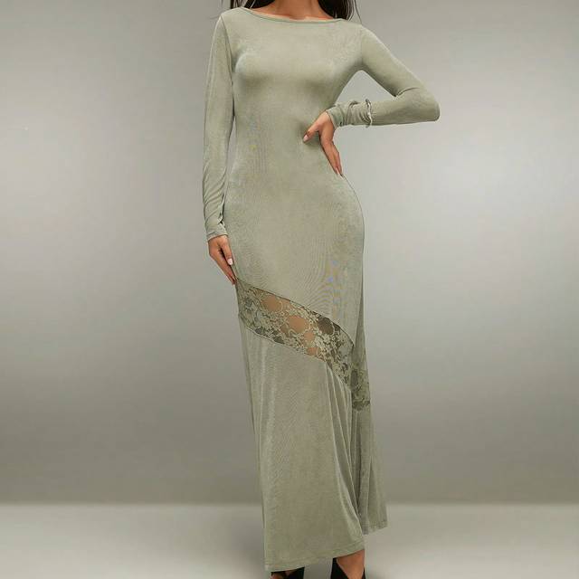 SURIMA Green Women Turtleneck Long Sleeve Lace Patchwork Knit Dress, Autumn