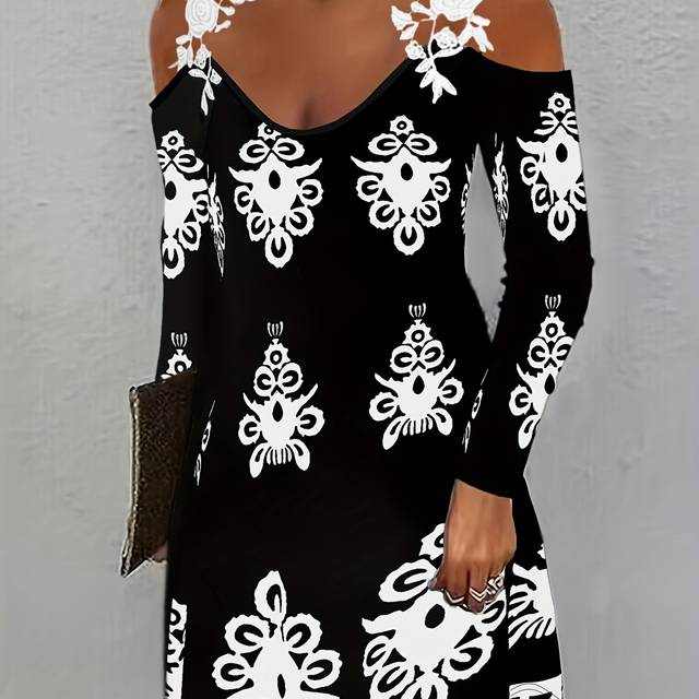 TEMU Elegant Off-shoulder Printed A-line Dress - Dacron And Spandex , Polyester 95%, Elastane 5%, Knit Fabric, For All