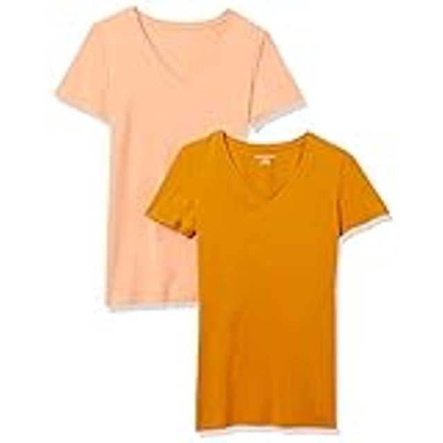 Amazon Essentials Women's Classic-Fit Short-Sleeve V-Neck T-Shirt  Pack of 2  Coral Orange/Golden Yellow  Large