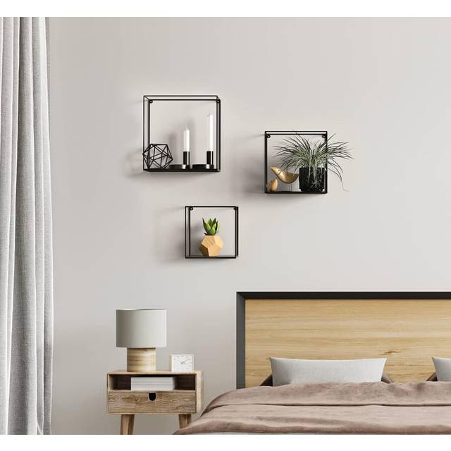 Industrial Metal Wall Shelf Set (3 Pieces) in Black: Floating Shelves for Kitchen, Bedroom & More - Decorative Home Accessories (22cm H X 22cm W X 12cm D)