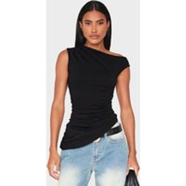 Black Asymmetric Shoulder Ruched Longline Top, Black - 4