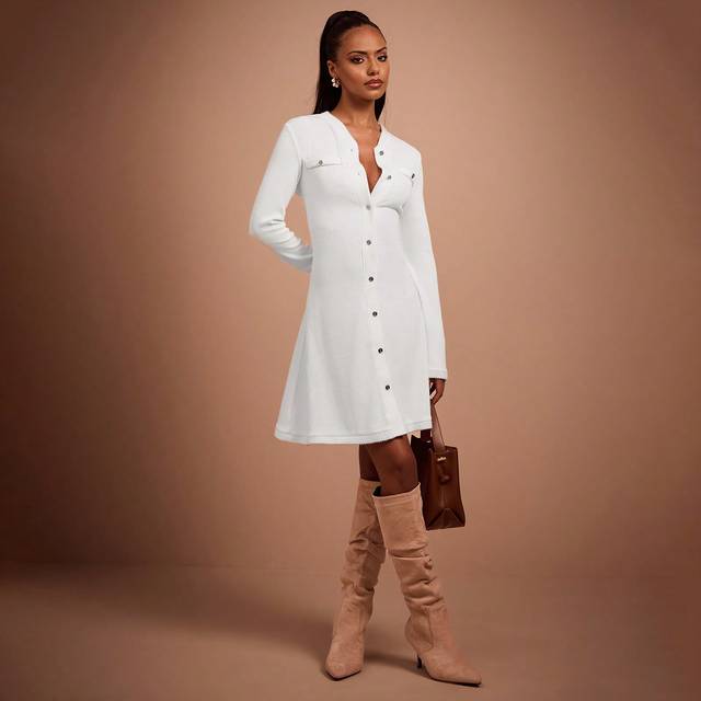 COSMINA Autumn/Winter Vintage Style Women Knitted Metal Button Beige Short Sweater Dress