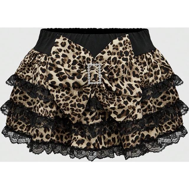ROMWE Y2K Harajuku Gyaru Super Oversized Bow Lace Trim Tiered Leopard Print Women Mini Skirt