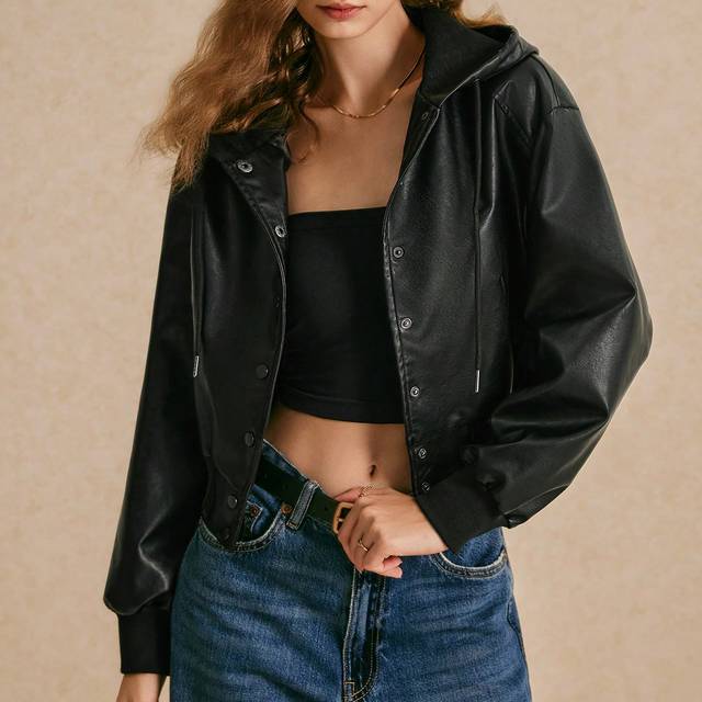 PoÃ©selle Drop Shoulder Short Bomber Jacket, PU Short Jacket, Autumn Women&#39;s Jacket, Winter Women&#39;s Jacket
