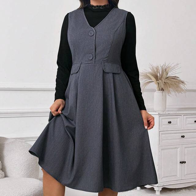 Moosta 2pcs/Set Plus Size Women Casual Solid Woven V-Neck Cami Dress And Round Neck Ribbed Midi Dress, Spring