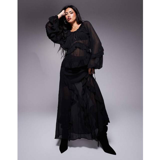 River Island – Svart maxikjol i chiffong med volang-Svart/a