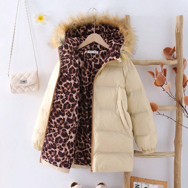 SHEIN Tween Girls Casual Street Stylish Fluffy Splice Hooded Padded Coat With Leopard Print Lining, Warm And Windproof Mid-Length
