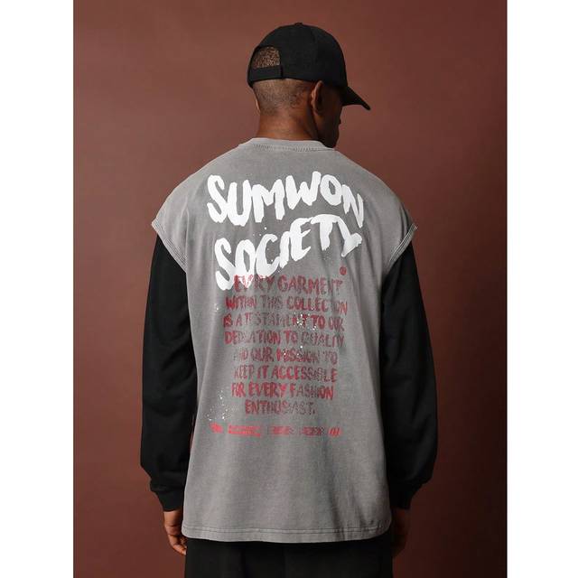 SUMWON Oversized Fit Washed Jersey Tank With Text Graphic Print
