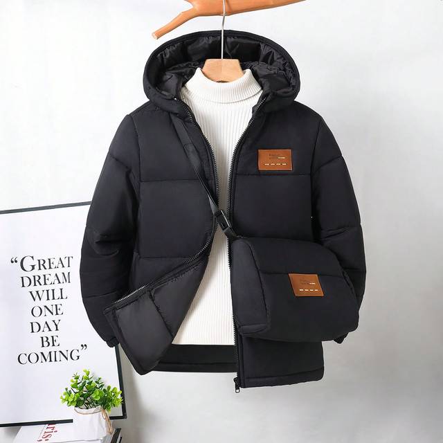 SHEIN 2pcs Kids Tween Boys Casual Everyday Faux Leather Patch Hooded Thick Warm Zip Up Long Sleeve Winter Coat Parka Jacket Set With Crossbody Bag