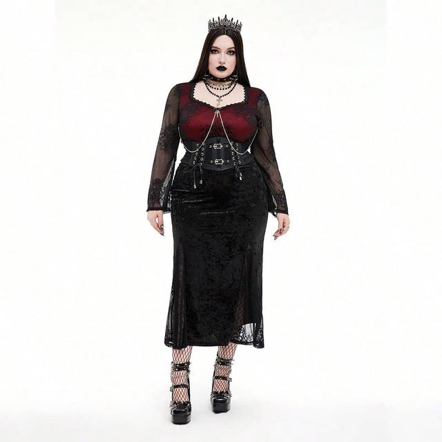 Whyspr Goth Punk Dark Punk Gothic Lace & Velvet Vintage Elegant Black Long Sleeve Dress