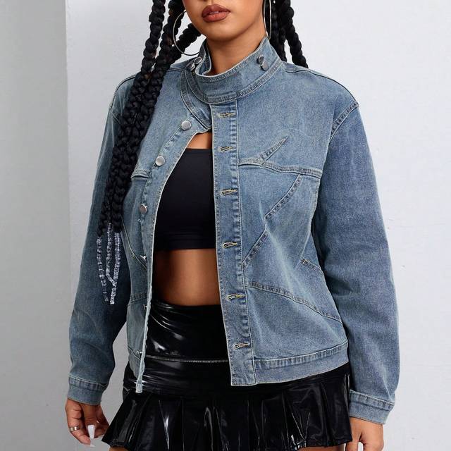 SHEIN Plus Size Women&#39;s Denim Jacket, High Stretch Washed Medium Blue Jean Jacket