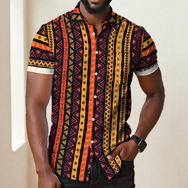 SHEIN Men&#39;s African Print Button-Up Shirt, Casual Vacation Outdoor African Udan Rose Star Moon Palace Lantern 3D Digital Print Lapel Short Sleeve Casual Shi