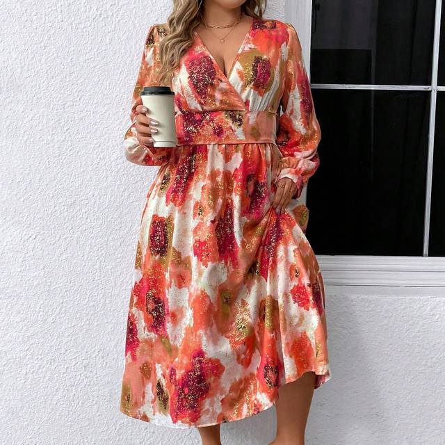 Franclia Plus Size Women Elegant Fashion Tie Dye Foil V-Neck Waist Flared Midi Dress, Autumn Maxi Women Outfit