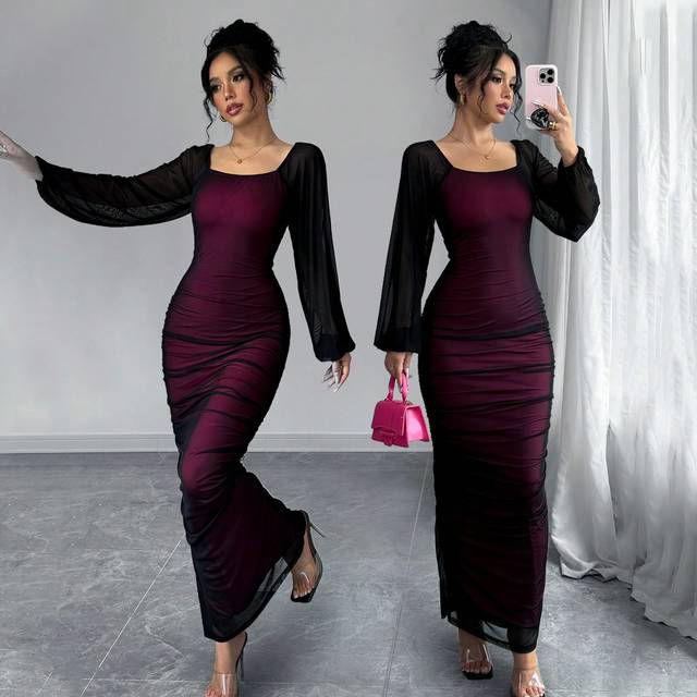 Elenzga Women&#39;s Elegant Long Sleeve Dress, Round Neck, Contrast Lace, Embroidered Mesh, Party/Event Wear Maxi Women Outfit Fall Cloth For Women