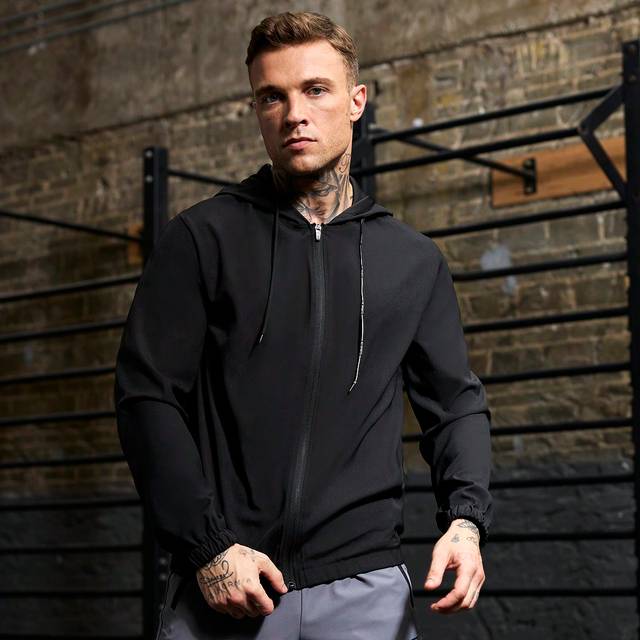 SHEIN Boyfriend Style Men&#39;s Casual Solid Color Drawstring Hooded Sports Jacket, Active Wear Long Sleeve Full Zip Up Gym Sports Jacket