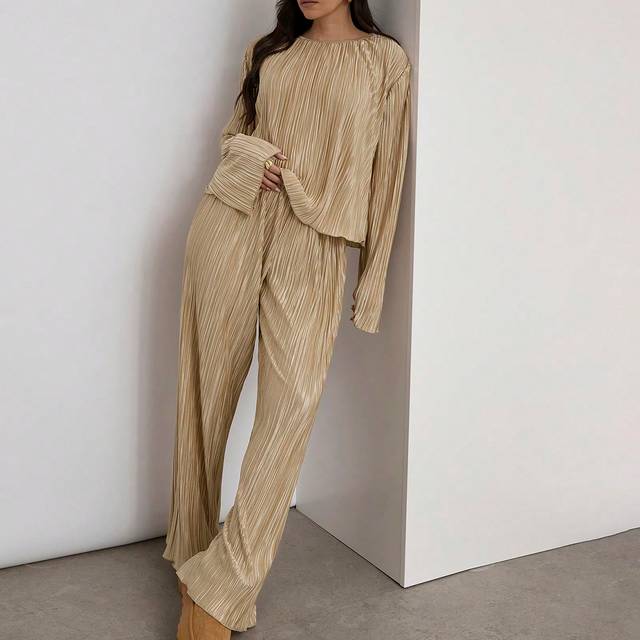 COSMINA Pleated Textured Fabric Two-Piece Set, Gold Two-Piece Set,Women 2pcs Casual Solid Color Pleated Long Sleeve Top And Pants Set, Autumn