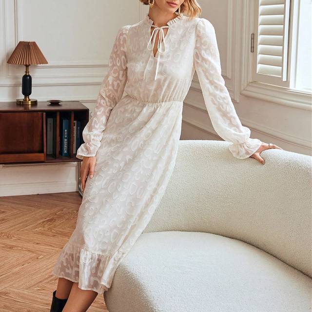 Almamuse Women&#39;s Autumn Leopard Jacquard Ruffle Trim Tie Collar Long Sleeve Midi Dress