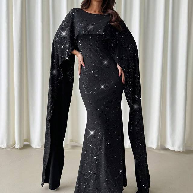 Firerie New Elegant Modern Sexy Party Vintage Luxury Slit Wrap Dress, Black Evening Gown For Party