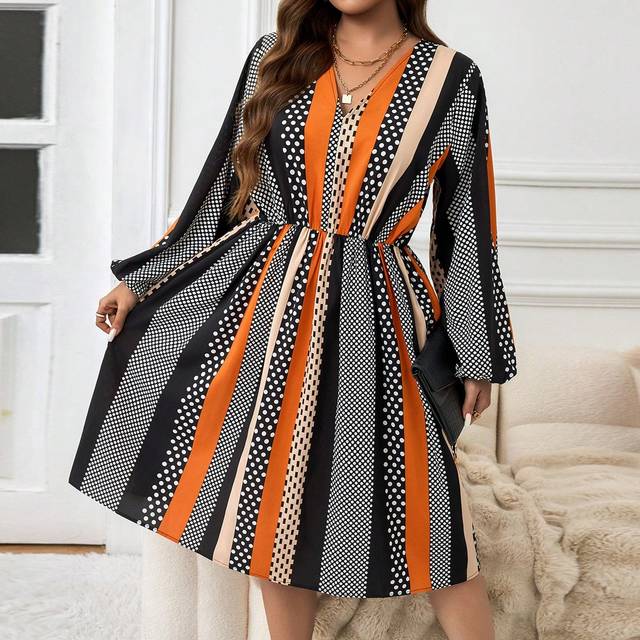 SHEIN Plus Size V-Neck Long Sleeve Striped Minimal Short Casual Dress, Daily Wear